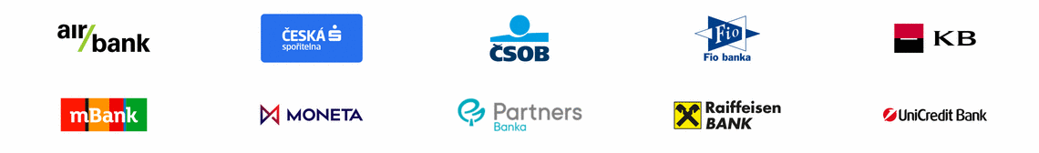 Loga bank podporovaných platební bránou Comgate: Air Bank, Česká spořitelna, ČSOB, Fio banka, Komerční banka, mBank, MONETA, Partners Banka, Raiffeisenbank, UniCredit Bank